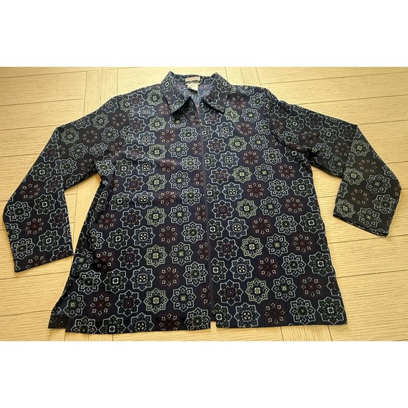 Bonworth Women's Sz L Blouse,Zip Front.Vintage Navy Geometric Print. Long Sleeve - Picture 1 of 7